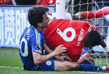 Taiwo Awoniyi collides with the goalpost during Nottingham Forest vs Leicester City match